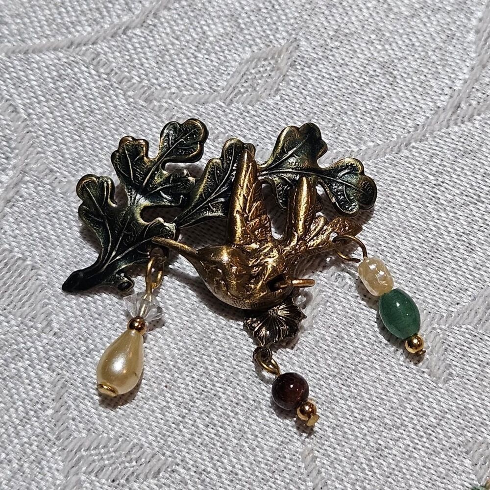 vintage brass hummingbird jade tiger's eye brooch